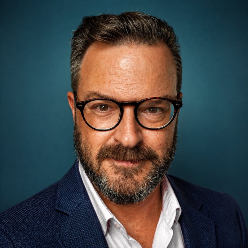 Derek Zardus, business English coach, in glasses and a navy jacket