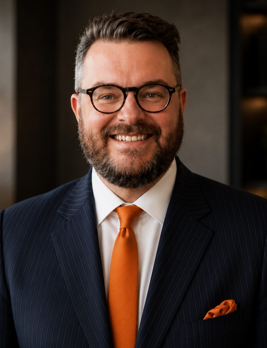 Derek Zardus, business English coach, smiling, in a navy pinstripe suit and orange tie